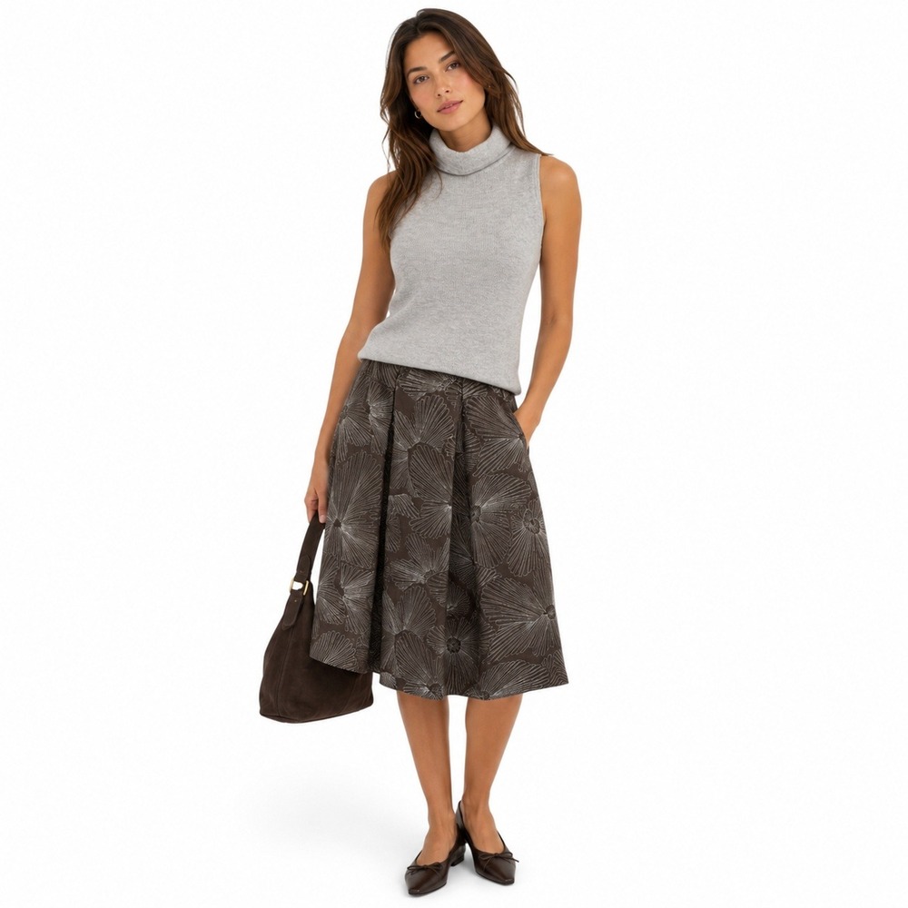 Y2K Talbots 100% Silk Structured Pleated‎ Midi Skirt Brown Embroidered Floral 8P
